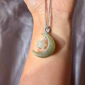 Natural Nephrite Jade moon & star pendant necklace 925 silver chain adjustable